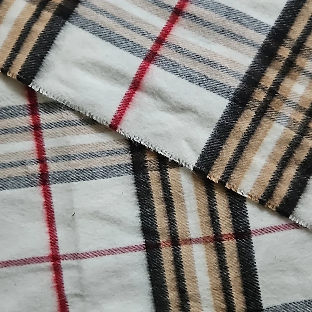 Cashmink plaid scarf, white, browns, red and black